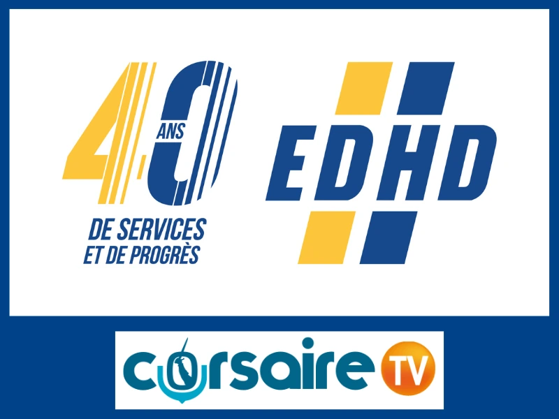 40 ans EDHD – Expertise en hydraulique industrielle Logo des 40 ans d’EDHD, spécialiste en hydraulique industrielle et mobile, avec mention du reportage Corsaire TV