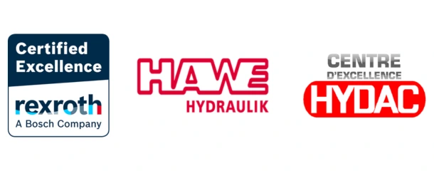 Logos des partenaires et centres d’excellence hydrauliques de l’atelier EDHD : Rexroth (Bosch Rexroth Certified Excellence), Hawe Hydraulik et Hydac.