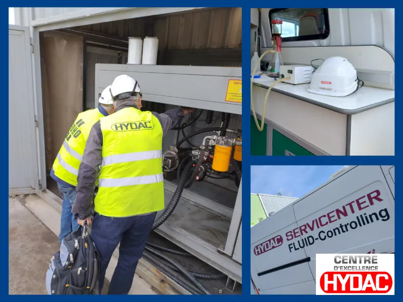 Analyse d'huile hydraulique sur site réalisée par les équipes EDHD et HYDAC dans le cadre d'une démarche de maintenance prédictive industrielle.